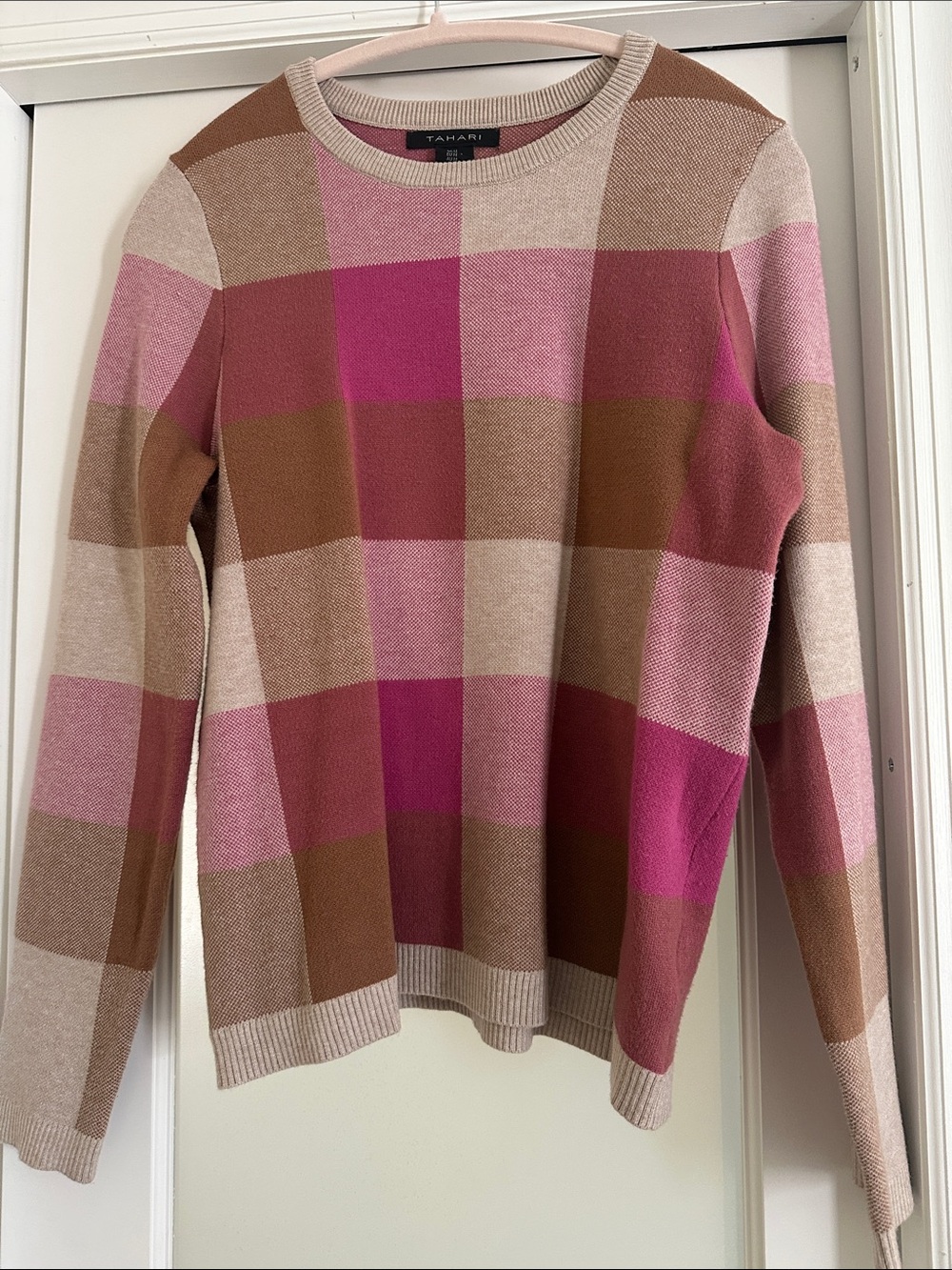 Tahari Pink, Brown & Cream Plaid Crewneck Sweater
